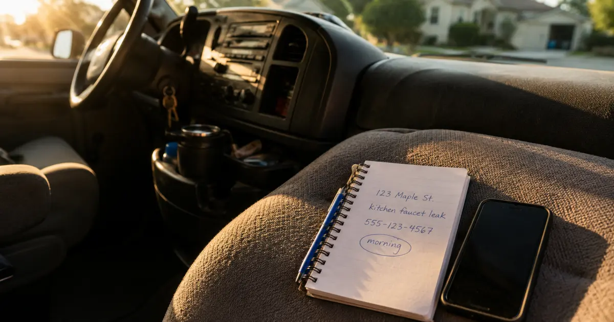 A plumber's notepad with handwritten call notes on the passenger seat of a work van