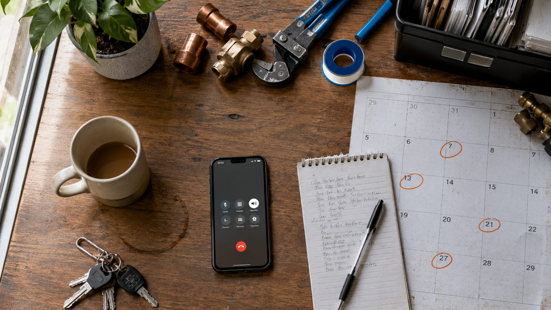 A phone showing an incoming call on a desk