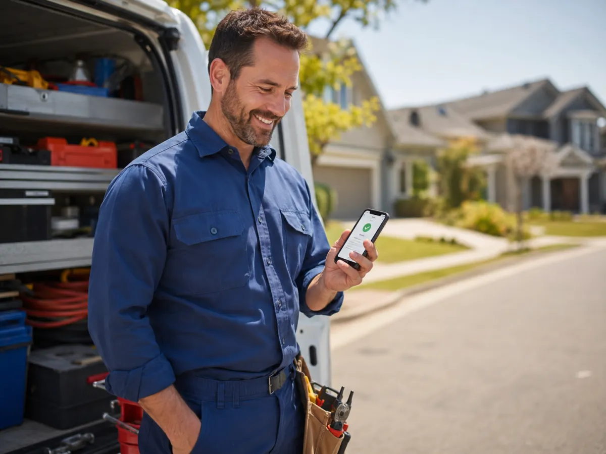 A plumber smiling at a job booking confirmation on his phone beside his work van