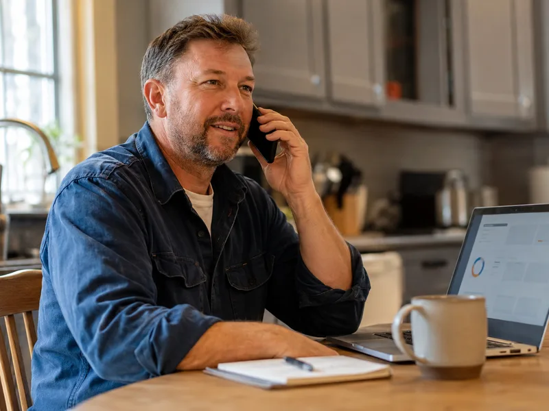 A plumber on the phone reviewing details on a laptop