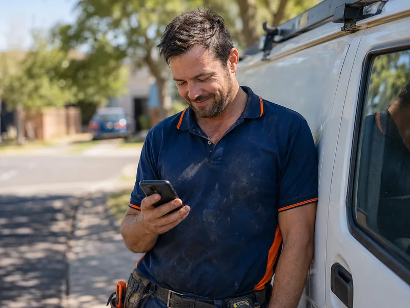 A plumber checking a job confirmation on his phone by his van